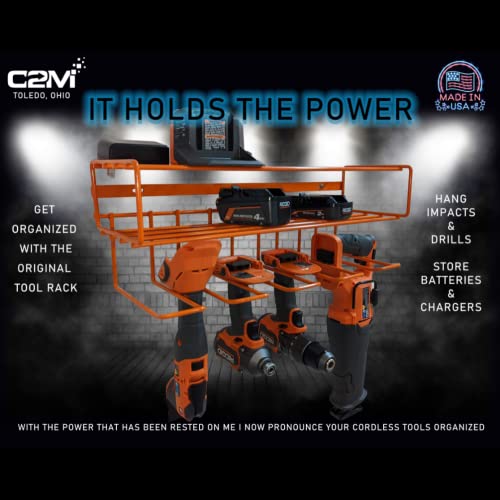 C2M Heavy Duty Floating Tool Shelf & Organizer | Wall Mounted Garage Storage Rack For Handheld & Power Tools | Usa Made, 100# Weight Limit, Compact Steel Design | Perfect For Rigid Tools | Orange #TOP4