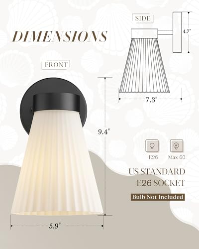 Image of Bathroom Wall Sconce Set of Two, HWH Wall Vanity Light with Frosted White Striped Shade, Industrial Wall Lamp Matte Black for Bathroom Doorway, 5HZG97B-2PK BK