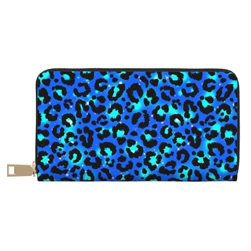Leather Thin Slim Wallets for Women Men - Fashion Light Blue Leopard Print Card Wallet Holder with Zipper