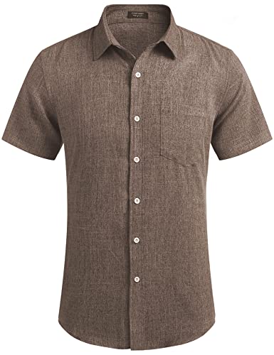 Coofandy Men's Casual Linen Button Down Shirt Short Sleeve Beach Shirt Brown #TOP1