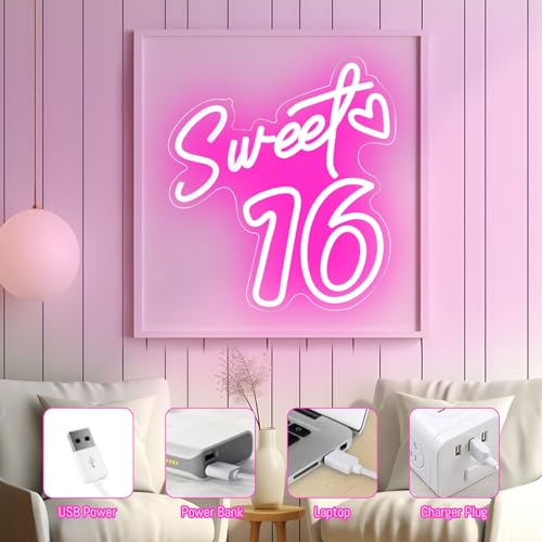 Image of Sweet Sixteen Neon Sign Sweet 16 Neon Light 16th Birthday Pink Led Neon Light for Bedroom Home Wall Decor Birthday Gifts for Girls with Dimmable Switch and USB Powered