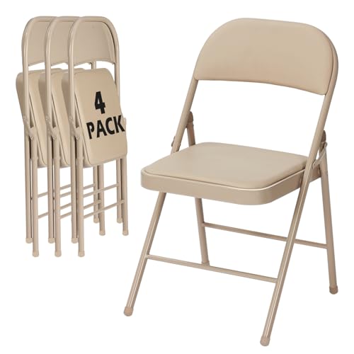 Image of 4 Pack Khaki Folding Chairs with Padded Cushion and Metal Frame