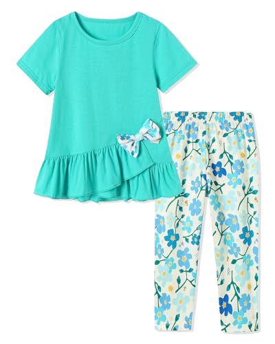 SOLOYEE Girls Clothes 6-7 Years Spring Summer Outfit, Short Sleeve Ruffle Top with Bowknot + Floral Print Capri Pants 2Pcs Set Cute Little Girl Clothing