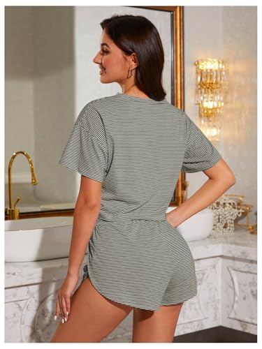 Image of OYOANGLE 2 Pack Pajama for Woman Set Summer Cute PJ Sets Striped Short Sleeve Tshirt and Split Shorts Lounge Set