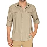 Anteef Camisas de safari de manga larga para hombre, UPF 50+, ligeras, de secado rápido, enfriamiento, senderismo, pesca, protección solar UV, Caqui, Medium