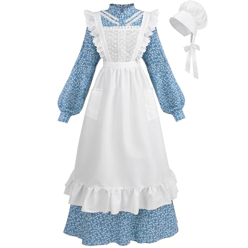 CR ROLECOS Pioneer Kleid für Erwachsene und Damen, florales Präriekleid, historisches Kolonialkleid, Kostüm, Blau, Größe XXL