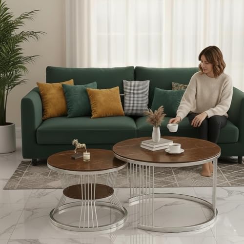 Image of Modern Nested Coffee Table Set of 2 | Round Marble Finish Tabletop with Metal Base | Luxury Center Table for Living Room, Lounge & Office (Gry Brown)