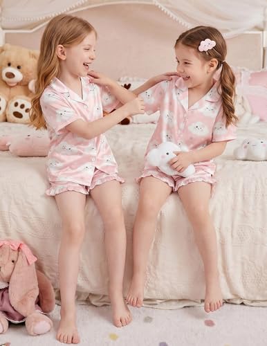 Image of Arshiner Girls Pajamas Silk Satin Pajama Set Button Pjs Ruffle Sleepwear | 2 Piece Nightwear, Silky Soft Lounge for Little & Big Kids, Ideal for Sleeping and Sleepover Party