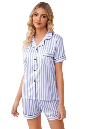 Image of Schbbbta Women Pajamas Set, 2 Pieces Satin Silk Button Down Pjs Short Sleeve Outfits Loungewear