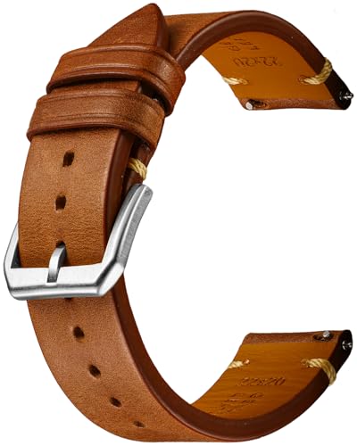 REZERO Quick Release Watch Band, Top Grain Leather Watch Straps, Italian Calfskin Watchbands Replacement 18mm 19mm 20mm 21mm 22mm 23mm 24mm for Men, Women, Brown+Silver Buckle, 21mm, Vintage