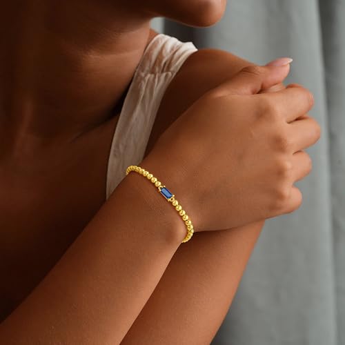 Yoosteel Dainty Birthstone Bracelet for Women - Elastic 14K Gold Plated Bead Bracelets Trendy Friendship Birthday Jewelry Gifts for Women2