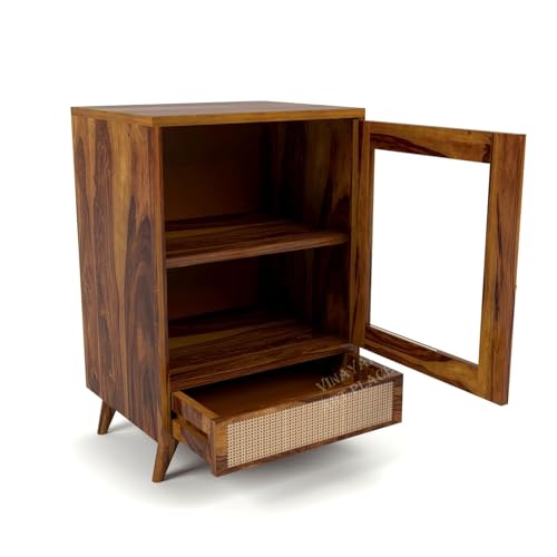 Image of Wooden Small Crockery Cabinet | Sideboard Display Cabinet with Glass Door & Drawer for Living Room | Bookshelf for Home & Office | Material: Sheesham Wood, Natural | Design: Cane