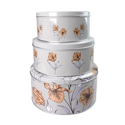 SiXsigma Sports Set of 3 Round Nesting Cake Storage Tins - Airtight Containers for Cakes, Biscuits & Sweets Large, Medium & Small Sizes - Perfect Mothers Day Gifts For Kitchen (Botanic Garden)