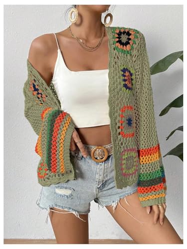 Image of SHENHE Women's Floral Crochet Cardigan Hollow Out Open Front Long Sleeve Cardigan Sweater