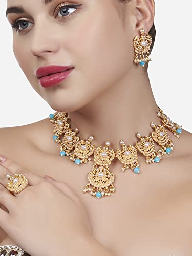 Image of ZAVERI PEARLS Blue Beads Drop Ethnic Pearls Studded Necklace Earring & Ring Set For Women-ZPFK13649