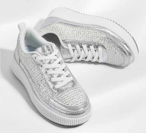 LUCKY STEP Women's Platform Sneakers Rhinestone Fashion Chunky Casual Sparkly Retro Braided Walking Shoes (Silver Knit,7 B(M) US)
