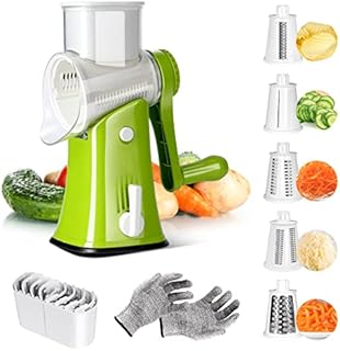 Midyb Rotary Cheese Grater, 5 in 1 Handheld Round Drum Grater, BPA Free, Kitchen Drum Slicer with Strong Suction Base for Cucumber, Carrot, Nuts, Send Cut Proof Gloves (Green)