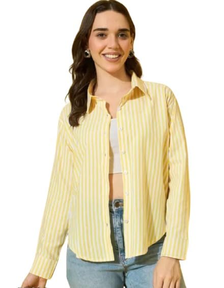 Women's Casual Long Sleeve Button Down Striped Shirt, Yellow and White Cotton Blend, Relaxed Fit-picture-46