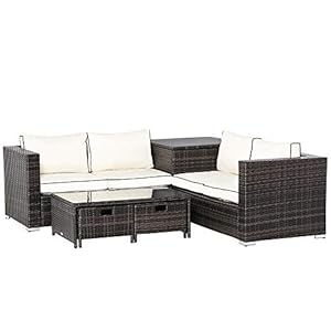 Outsunny 4 Pcs Rattan Wicker Garden Furniture Patio Sofa Storage & Table Set w/ 2 Drawers Coffee Table,Great Cushioned 4 Seats Corner Sofa – Brown