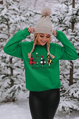 Kiddad Merry Christmas Sweatshirt Shirt For Women Christmas Leopard Tree Graphic Long Sleeve Tees Blouse Pullover (Green, L) #TOP5