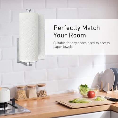 Image of SetSail Paper Towel Holder, 2 Packs Single Hand Operable Paper Towel Holder Under Cabinet with Adjustable Damper Easy Tear Wall Mount Self-Adhesive or Drilled for Kitchen Bathroom, Silver
