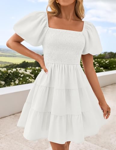 ZESICA Women's Boho 2025 Summer Square Neck Puff Sleeve Off Shoulder Smocked Tiered Casual A Line Short Mini Dress2