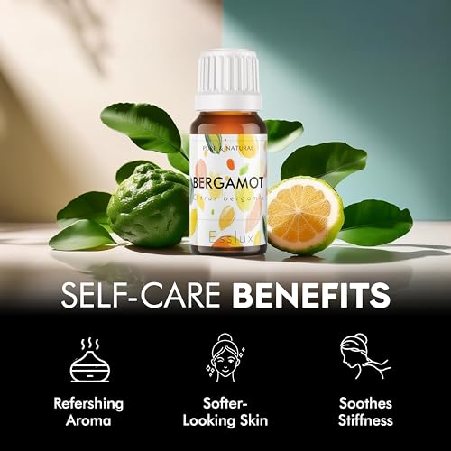 Image of Esslux Bergamot Essential Oil for Diffuser & Skin | 100% Natural Bergamot Oil for Hair, Aromatherapy, Shampoo & Soap Making | Uplifting Citrus Scent for a Refreshing Experience, 15 ML