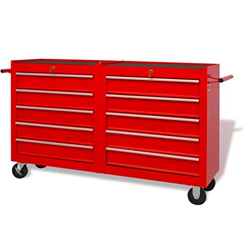 mewmewcat Carro de Herramientas Taller 10 Cajones Tamaño XXL Rojo 140 x 33 x 77,2 cm