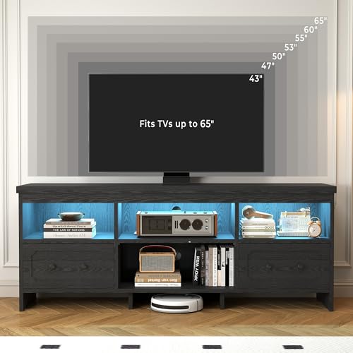 IRONCK TV Stand for 65 Inch TV, 63" LED Entertainment Center with Storage Cabinets, Power Outlets and Open Shelf, Media Console TV Cabinet with Drawers for Living Room, Black