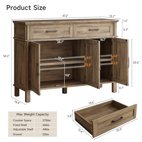 Image of ONBRILL 48 Inch Buffet Cabinet with Storage, Farmhouse Sideboard Buffet w /2 Drawers and 3 Doors, Coffee Bar Cabinet with Adjustable Shelves, Sideboard Storage for Kitchen, Living Room, Washed Grey