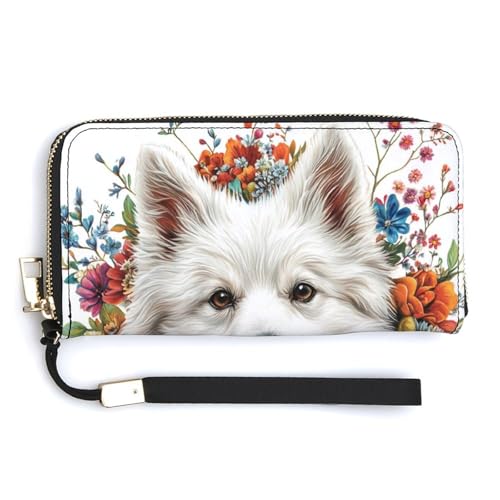 White Dog with Flowers PU Leather Clutch Long Bifold Wallet, Coin Purse Credit Pass Case, Durable Card-Holder Money Storage for Women Men