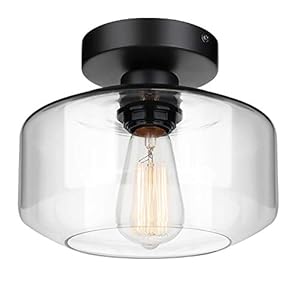 MAXvolador Industrial Semi Flush Mount Ceiling Light, Clear Glass Pendant Lamp Shade, Farmhouse Lighting for Hallway, Vintage Hanging Light Fixtures