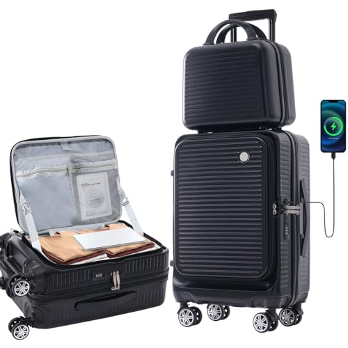 Carry-on Luggage 20 Inch Front Open Luggage Lightweight Suitcase with Front Pocket and USB Port, 1 Portable Carrying Case (Black)2