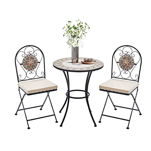Warmiehomy Bistro Set Mosaic Table and Chairs Garden Dining Table 2 Folding Chairs with Cushion...