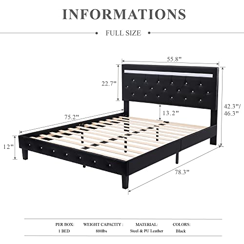 Benevika Full Size Bed Frame With Led Light, Leather Adjustable Upholstered Headboard, Over 60000 Colors, App Control Led Lights, No Box Spring Needed, Black #TOP1