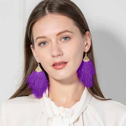 Fringe Feather Earrings for Women - Boho Tassel Jewellery (Purple)2