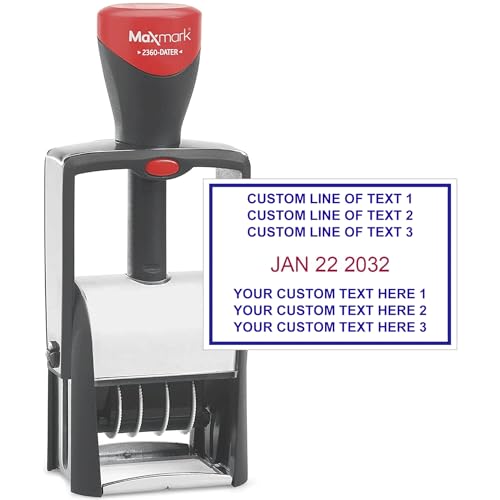 MaxMark Heavy Duty Date Stamp with 6-Line Custom Text, Self Inking Date Stamp - 2360 - Choose from Many Font and Color Options