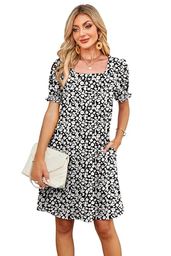 Image of RUMIA Summer Dresses for Women 2025 Casual Cute Square Neck Puff Short Sleeve Dress with Pockets