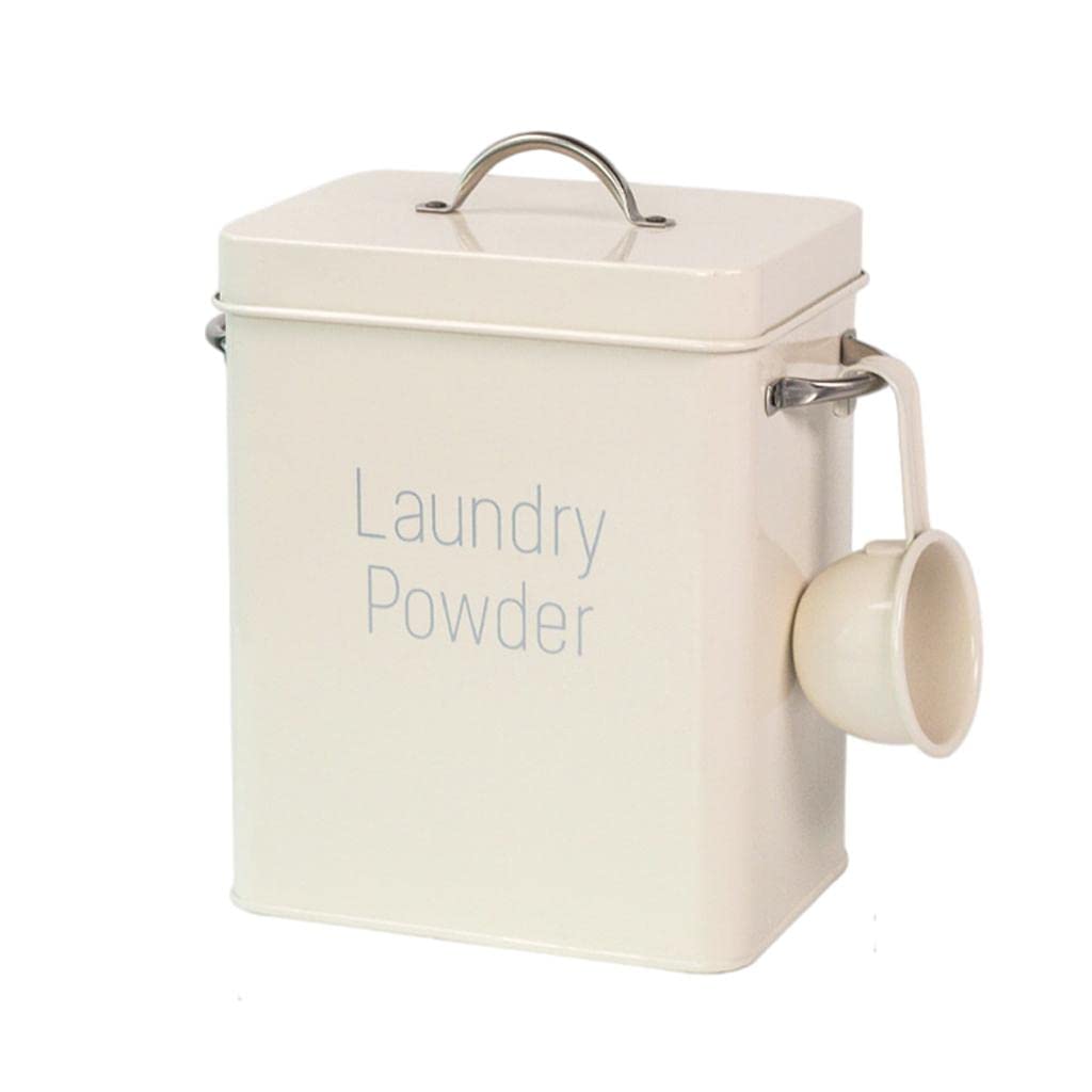 Grande contenitore di latta per bucato in polvere con cucchiaio, bianco