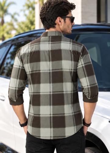Majestic Man Stylish Slim Fit Cotton Spread Collar Checked Brown - Image 5