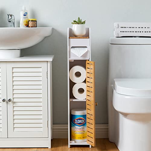 Aojezor Toilet Paper Holder Stand, Small Bathroom Storage Cabinet (31.5''H(Small Size), White/Bamboo) #TOP1