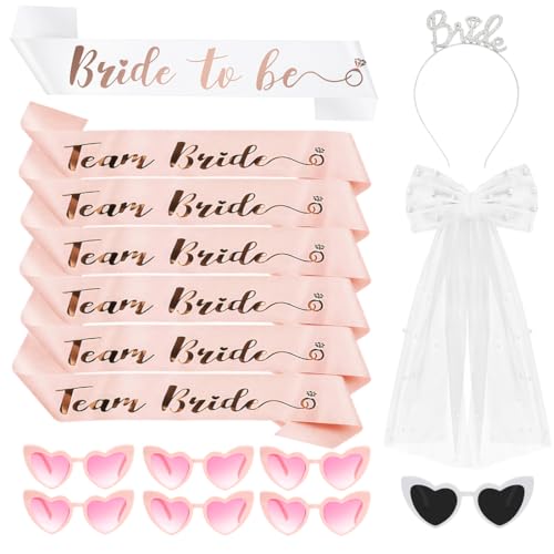 Kit Evjf Accessoire, 7 Lunettes Coeur + 1 Echarpe Bride to be + 6 Écharpes Team Bride + 1 Voile Future Mariée + 1 Serre Tete Evjf, Déguisement pour Enterrement de vie de Jeune Fille
