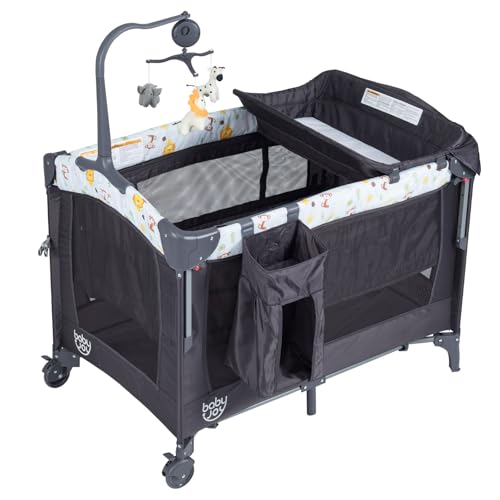 Image of BABY JOY 4 in 1 Pack and Play, Baby Bedside Sleeper with Bassinet, 3 Adjustable Heights, Music Box, Easy to Install, Foldable Bedside Crib w/Changing Table, Playards from Newborn to Toddlers