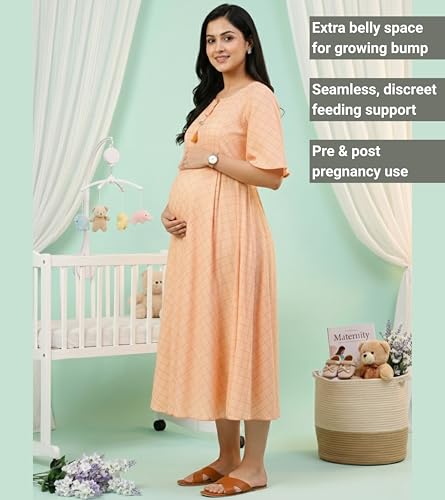 Image of DUMMY SHAPE Feeding Nighty | Maternity Dresses for Women Cotton Blend | Floral Pink Anarkali Kurta with Dual Nursing Zippers for Pregnancy & Breastfeeding | Gifts for Pregnant Women (