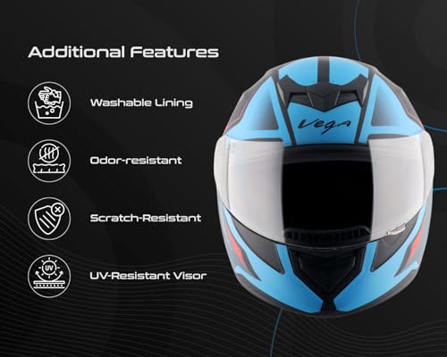 Image of Vega Edge DX Passion Full Face Motorcycle Helmet with Matte Shell, Shock Absorbing Liner, Comfortable Interior, Ventilated Fit, Aerodynamic Build, and Trendy Dull Black Blue Finish Dull Black Blue-L