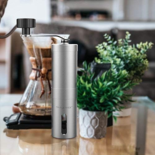 Manual Coffee Grinder with Ceramic Burr, Portable Hand Coffee Bean Mill, Coffee Grinder with Fine Coarse Adjustable, Stainless Steel Shell with Removable Handle, 0.4 Cup Container