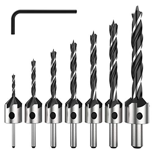 NOUVCOO 7PCS Carbon Steel Countersink Drill Bit Set,Carpentry Reamer Woodworking Chamfer End Milling Diameter 3mm-10mm NC07