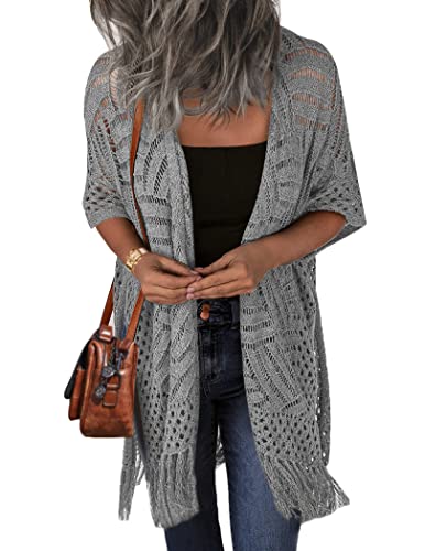 Image of HOTOUCH Womens Knit Cardigan Open Front Outwear Hollow Out Crochet Tassel Lightweight Kimonos Sweater S-XXL