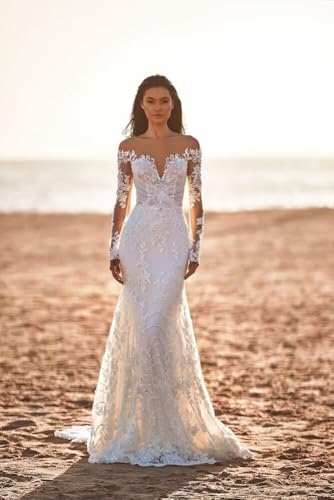 Deep V Neck Wedding Dresses for Women Long Mermaid Long Sleeve Lace Wedding Gownswith Train Appliques DR0001-052