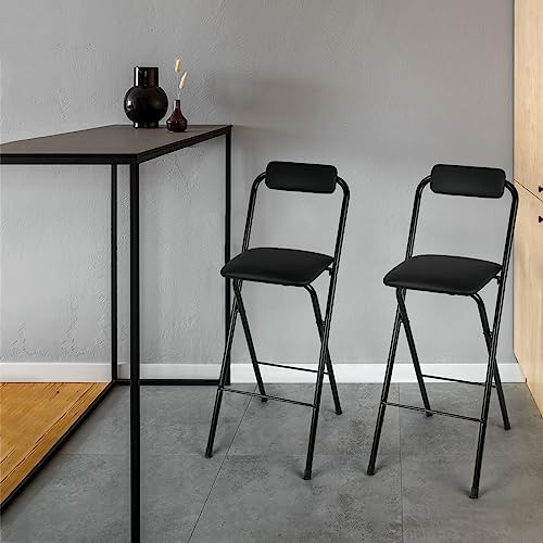 Image of Thyle 2 Pcs Folding Bar Stool with Backrest, Tall Foldable Stool Chair Portable High Folding Bar Chair Counter Height Seat Leather Padded for Kitchen Island Shop Cafe Dining Room Black (27.5 Inch)
